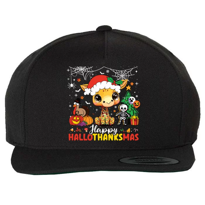 Happy Hallothanksmas Giraffe Halloween Thanksgiving Xmas Wool Snapback Cap