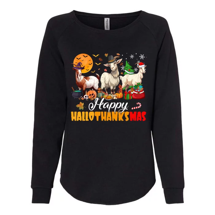 Happy Hallothanksmas Goat Halloween Thanksgiving Christmas Womens California Wash Sweatshirt