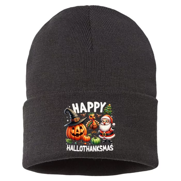 Happy Hallothanksmas Halloween Merry Christmas Thanksgiving Sustainable Knit Beanie