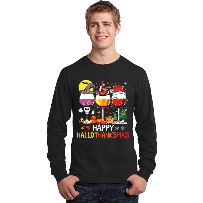 Happy Hallothanksmas Halloween Glasses Thanksgiving Xmas Long Sleeve Shirt