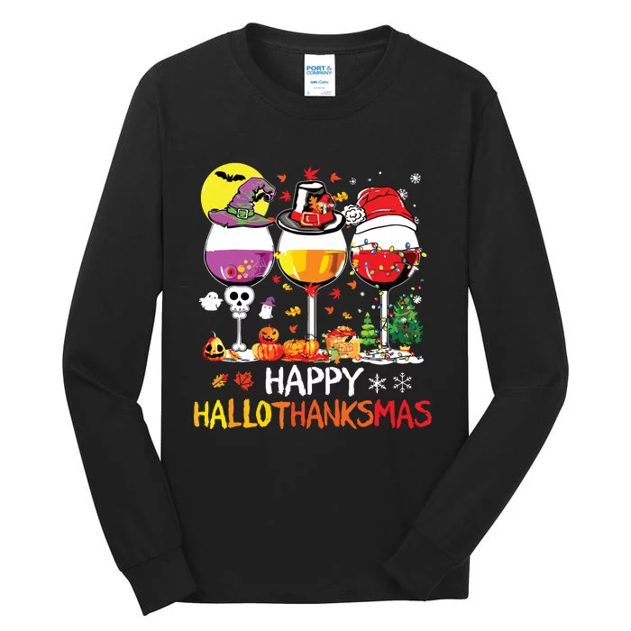 Happy Hallothanksmas Halloween Glasses Thanksgiving Xmas Tall Long Sleeve T-Shirt