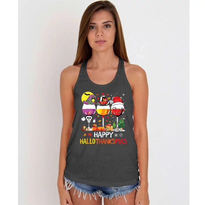 Happy Hallothanksmas Halloween Glasses Thanksgiving Xmas Women's Knotted Racerback Tank