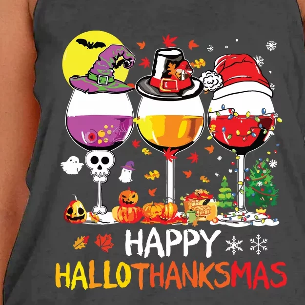 Happy Hallothanksmas Halloween Glasses Thanksgiving Xmas Women's Knotted Racerback Tank