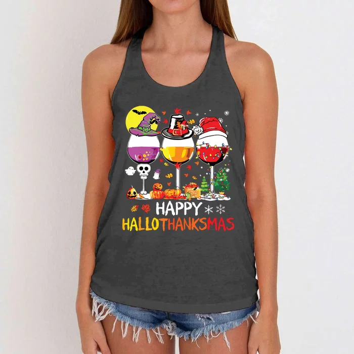 Happy Hallothanksmas Halloween Glasses Thanksgiving Xmas Women's Knotted Racerback Tank