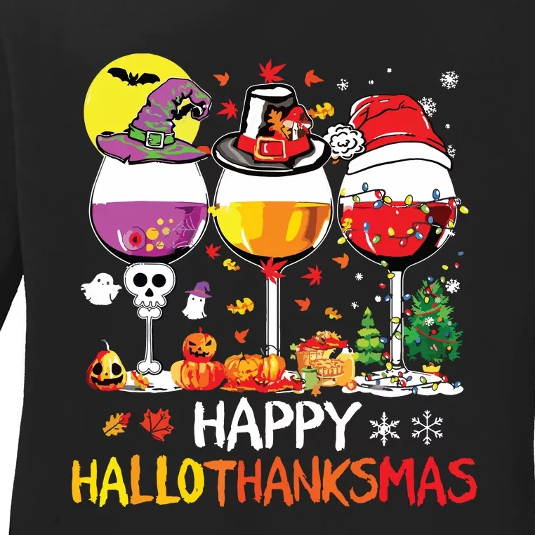 Happy Hallothanksmas Halloween Glasses Thanksgiving Xmas Ladies Long Sleeve Shirt