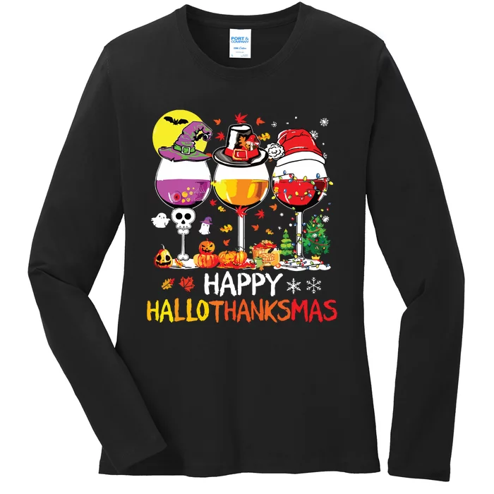 Happy Hallothanksmas Halloween Glasses Thanksgiving Xmas Ladies Long Sleeve Shirt