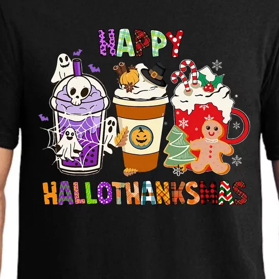 Happy Hallothanksmas Halloween Thanksgiving Christmas Coffee Pajama Set