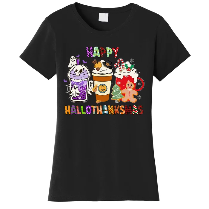 Happy Hallothanksmas Halloween Thanksgiving Christmas Coffee Women's T-Shirt