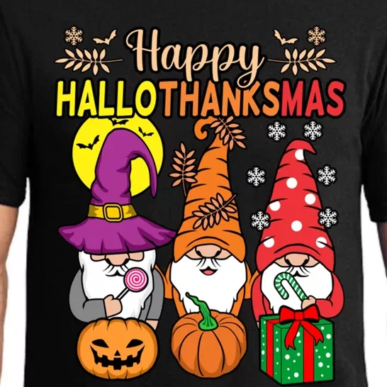 Happy Hallothanksmas Halloween Thanksgiving Gnomes Christmas Gift Pajama Set