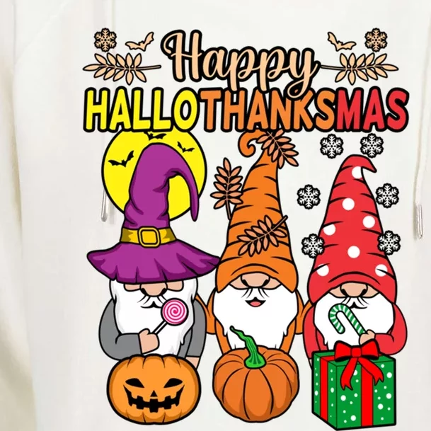 Happy Hallothanksmas Halloween Thanksgiving Gnomes Christmas Gift Womens Funnel Neck Pullover Hood