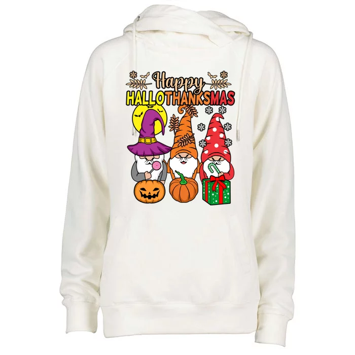 Happy Hallothanksmas Halloween Thanksgiving Gnomes Christmas Gift Womens Funnel Neck Pullover Hood