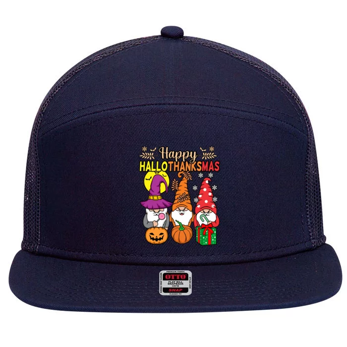 Happy Hallothanksmas Halloween Thanksgiving Gnomes Christmas Gift 7 Panel Mesh Trucker Snapback Hat