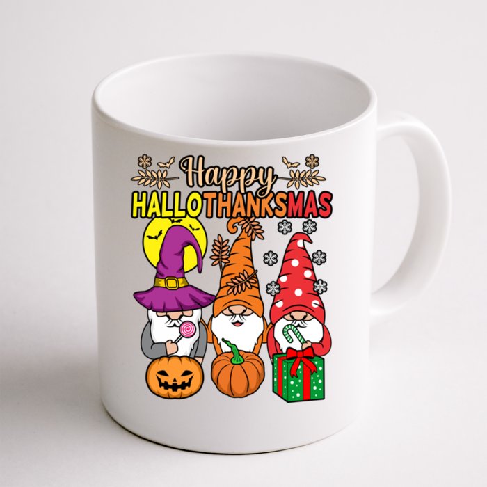 Happy Hallothanksmas Halloween Thanksgiving Gnomes Christmas Gift Front & Back Coffee Mug