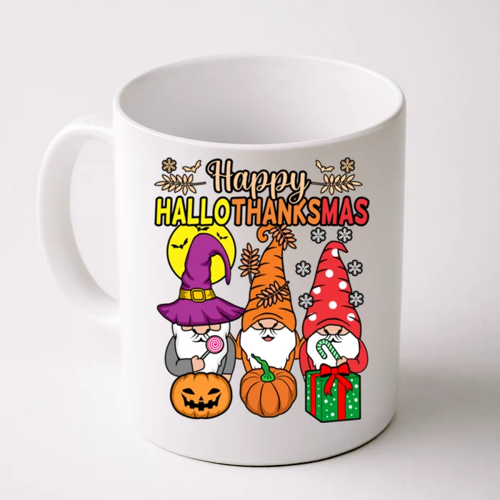 Happy Hallothanksmas Halloween Thanksgiving Gnomes Christmas Gift Front & Back Coffee Mug