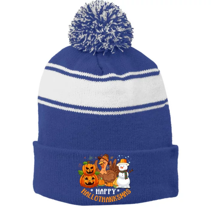 Happy Hallothanksmas Halloween Thanksgiving Christmas Day Gift Stripe Pom Pom Beanie