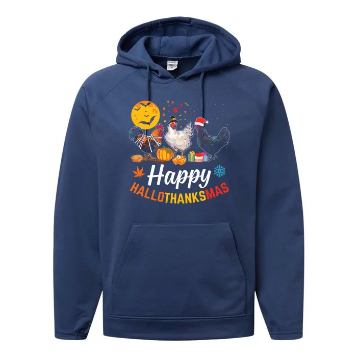 Happy Hallothanksmas Halloween Thanksgiving Xmas Chicken Performance Fleece Hoodie