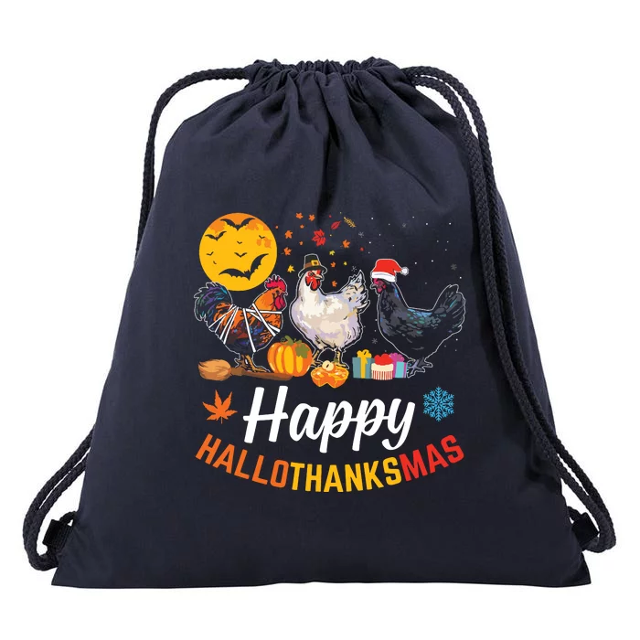 Happy Hallothanksmas Halloween Thanksgiving Xmas Chicken Drawstring Bag