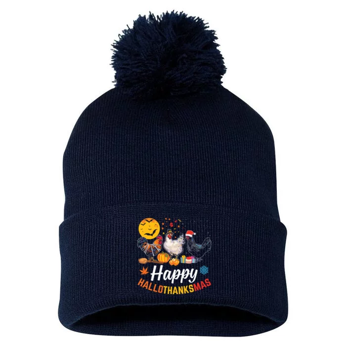 Happy Hallothanksmas Halloween Thanksgiving Xmas Chicken Pom Pom 12in Knit Beanie