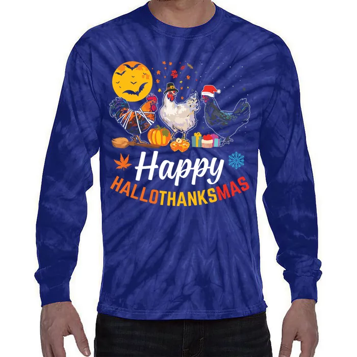 Happy Hallothanksmas Halloween Thanksgiving Xmas Chicken Tie-Dye Long Sleeve Shirt