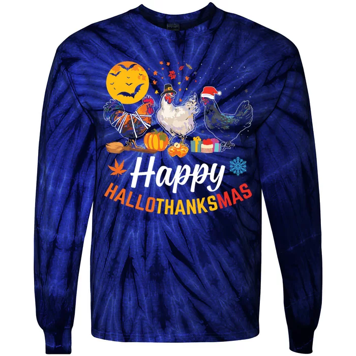 Happy Hallothanksmas Halloween Thanksgiving Xmas Chicken Tie-Dye Long Sleeve Shirt