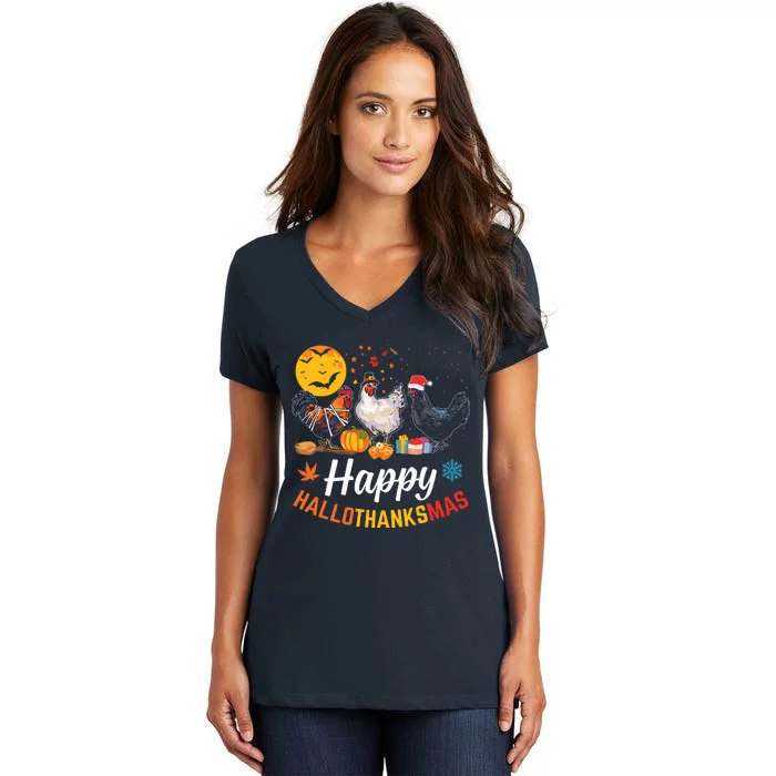 Happy Hallothanksmas Halloween Thanksgiving Xmas Chicken Women's V-Neck T-Shirt