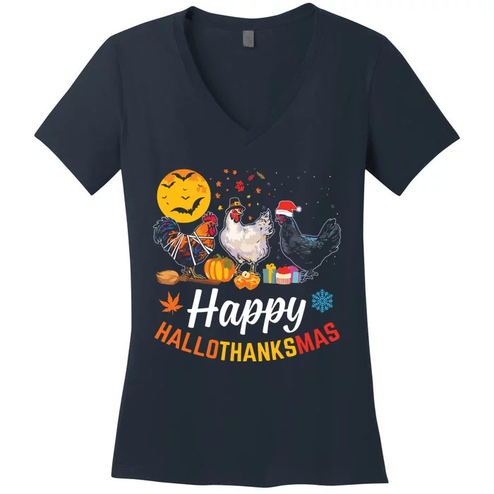 Happy Hallothanksmas Halloween Thanksgiving Xmas Chicken Women's V-Neck T-Shirt