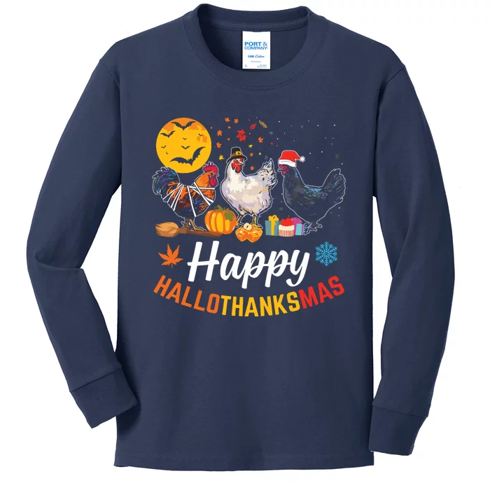 Happy Hallothanksmas Halloween Thanksgiving Xmas Chicken Kids Long Sleeve Shirt