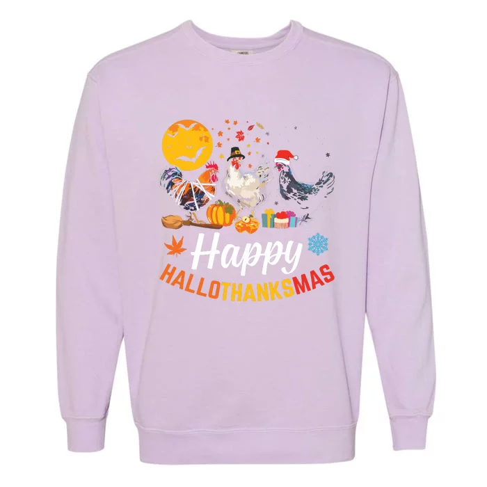 Happy Hallothanksmas Halloween Thanksgiving Xmas Chicken Garment-Dyed Sweatshirt