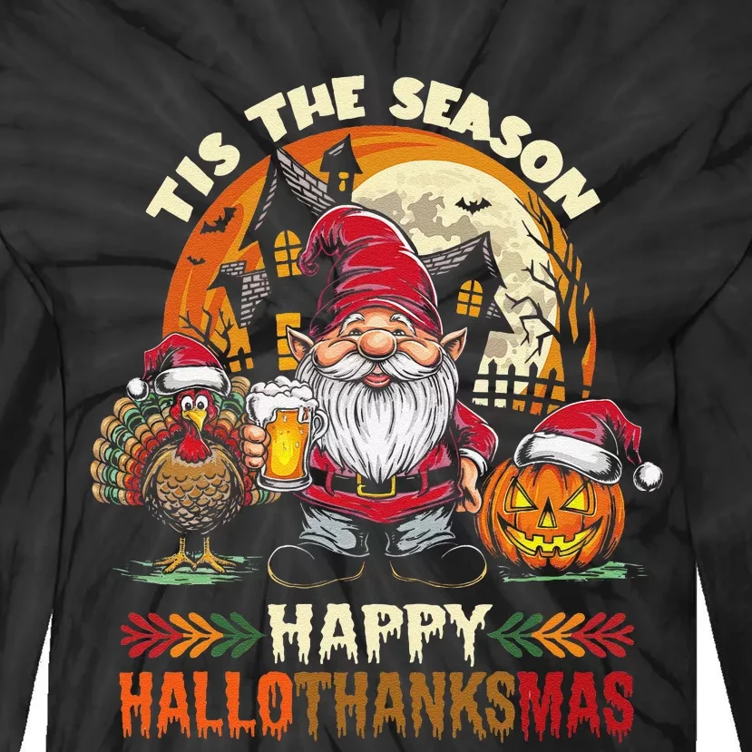 Happy Hallothanksmas Halloween Thanksgiving Merry Christmas Tie-Dye Long Sleeve Shirt