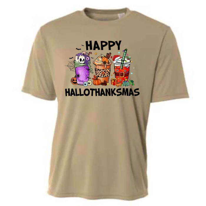 Happy Hallothanksmas Halloween Pumkin Thanksgiving Christmas Cooling Performance Crew T-Shirt