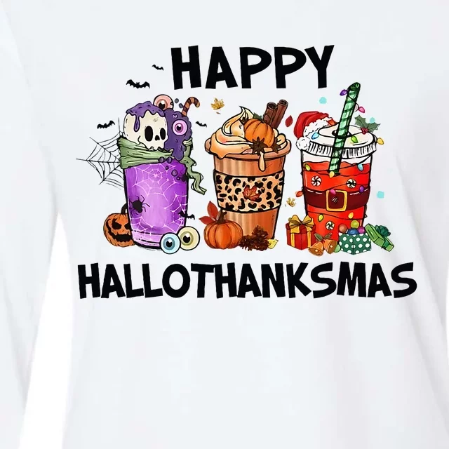 Happy Hallothanksmas Halloween Pumkin Thanksgiving Christmas Womens Cotton Relaxed Long Sleeve T-Shirt