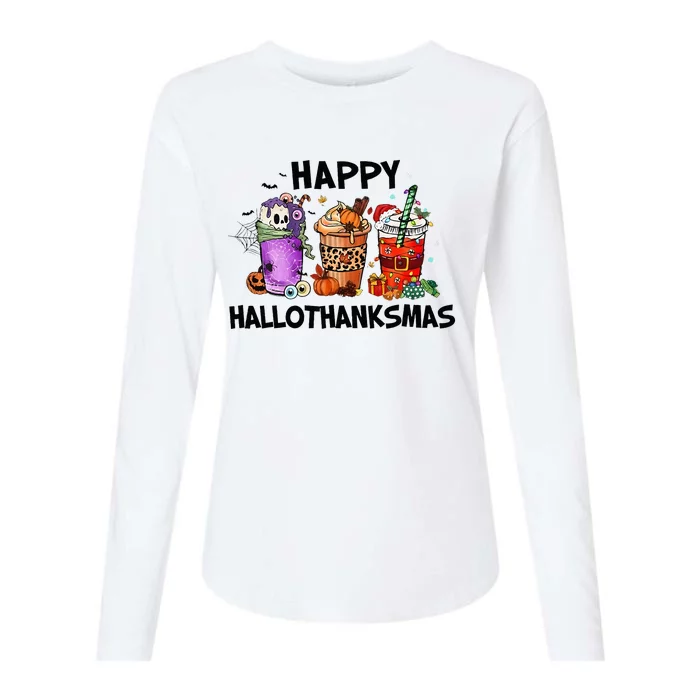 Happy Hallothanksmas Halloween Pumkin Thanksgiving Christmas Womens Cotton Relaxed Long Sleeve T-Shirt