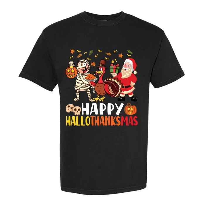 Happy Hallothanksmas Halloween Thanksgiving Christmas Day Long Sleeve Garment-Dyed Heavyweight T-Shirt