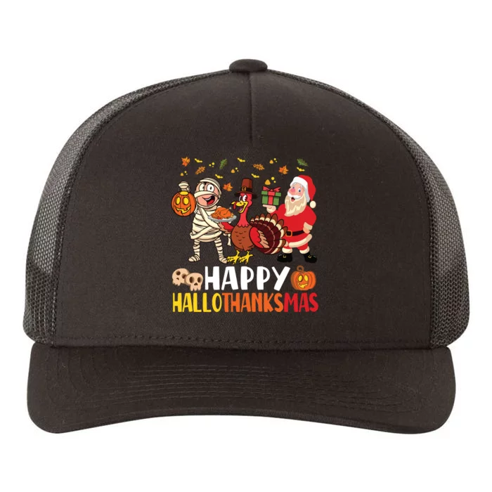 Happy Hallothanksmas Halloween Thanksgiving Christmas Day Long Sleeve Yupoong Adult 5-Panel Trucker Hat