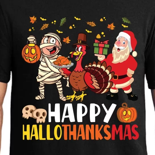 Happy Hallothanksmas Halloween Thanksgiving Christmas Day Long Sleeve Pajama Set