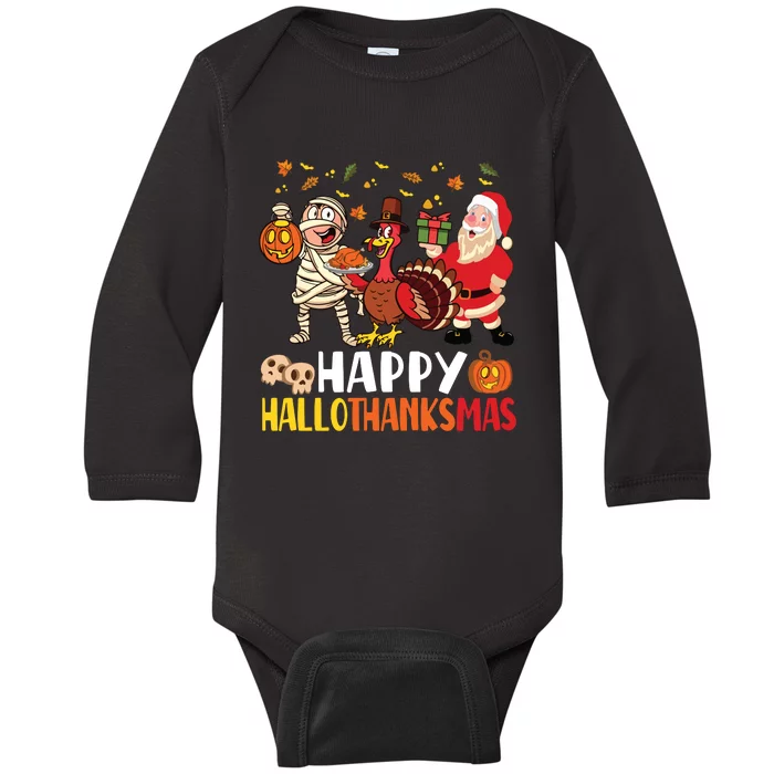 Happy Hallothanksmas Halloween Thanksgiving Christmas Day Long Sleeve Baby Long Sleeve Bodysuit