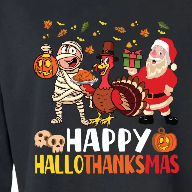 Happy Hallothanksmas Halloween Thanksgiving Christmas Day Long Sleeve Cropped Pullover Crew