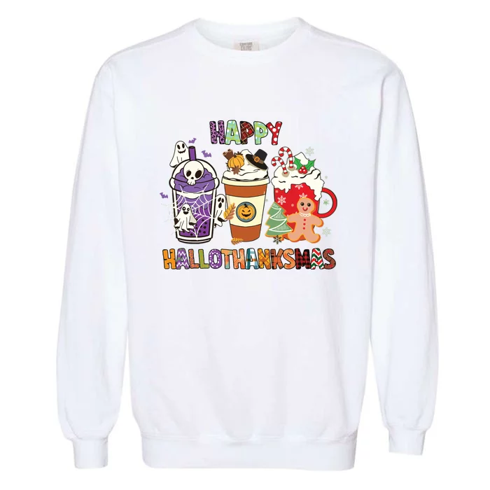 Happy Hallothanksmas Halloween Thanksgiving Christmas Design Garment-Dyed Sweatshirt