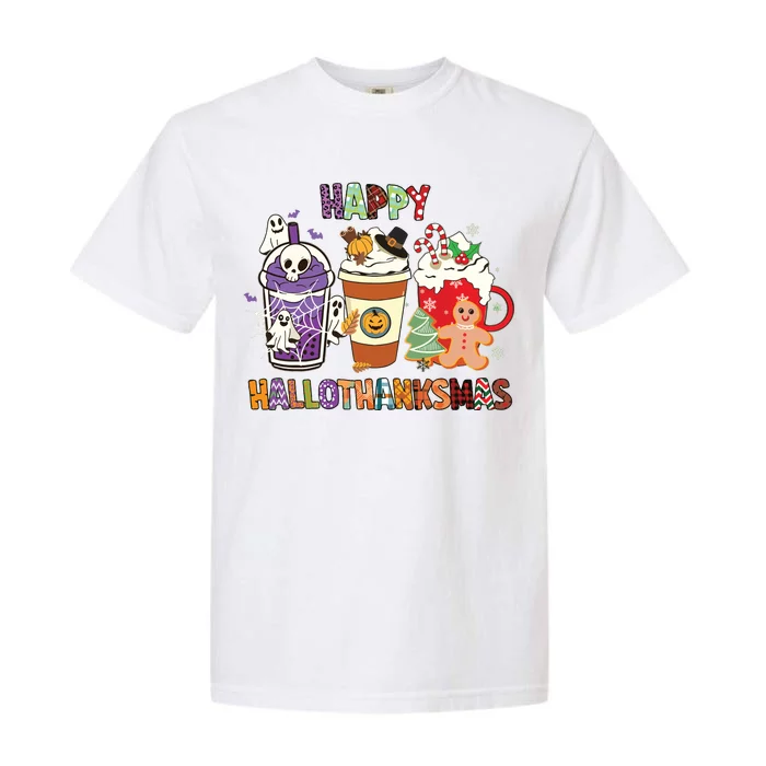 Happy Hallothanksmas Halloween Thanksgiving Christmas Design Garment-Dyed Heavyweight T-Shirt