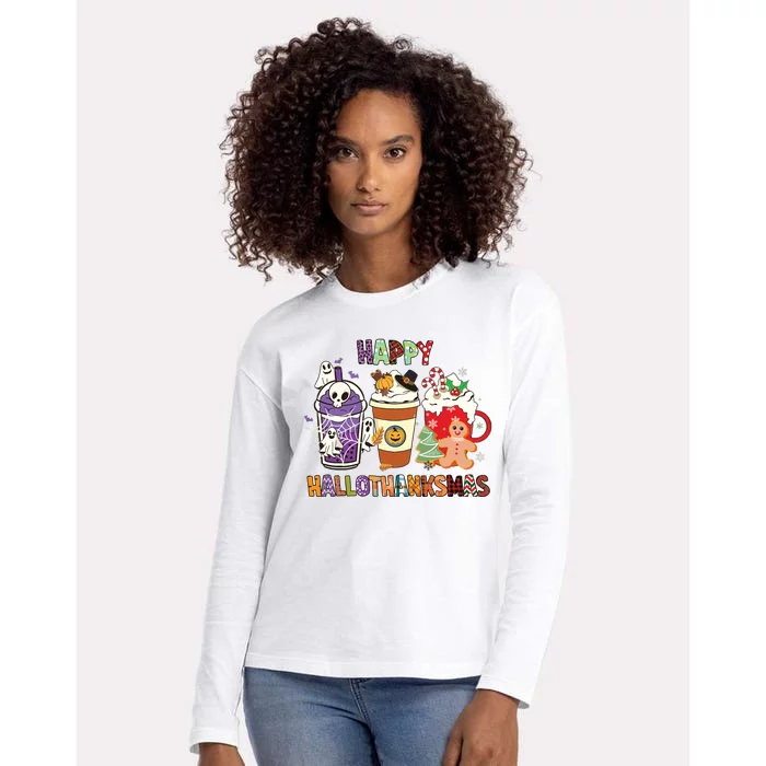 Happy Hallothanksmas Halloween Thanksgiving Christmas Design Womens Cotton Relaxed Long Sleeve T-Shirt