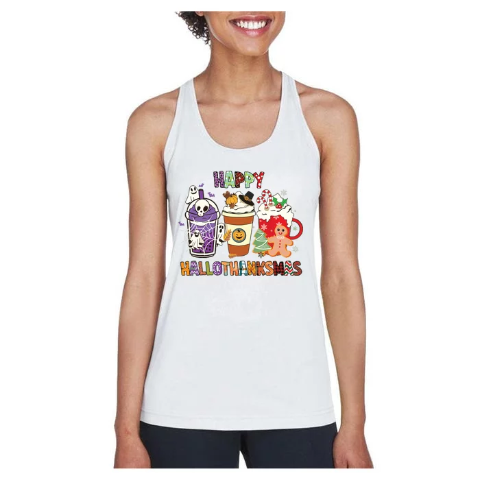 Happy Hallothanksmas Halloween Thanksgiving Christmas Design Women's Racerback Tank