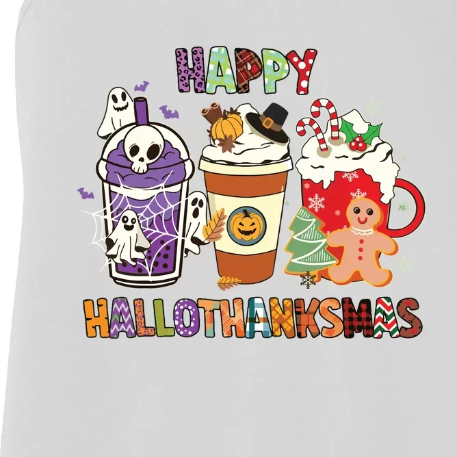 Happy Hallothanksmas Halloween Thanksgiving Christmas Design Women's Racerback Tank