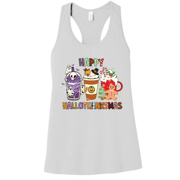 Happy Hallothanksmas Halloween Thanksgiving Christmas Design Women's Racerback Tank