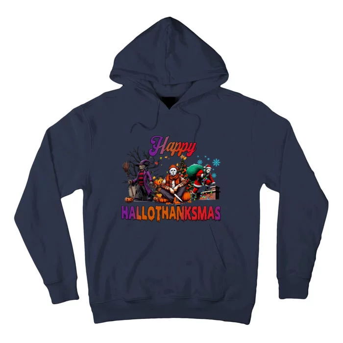 Happy Hallothanksmas Horror Characters Freddy Voorhees Christmas Tall Hoodie