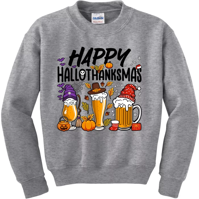 Happy Hallothanksmas Halloween Thanksgiving Christmas Beer Gift Kids Sweatshirt