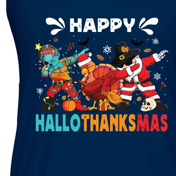 Happy Hallothanksmas Halloween Thanksgiving Christmas Ladies Essential Flowy Tank