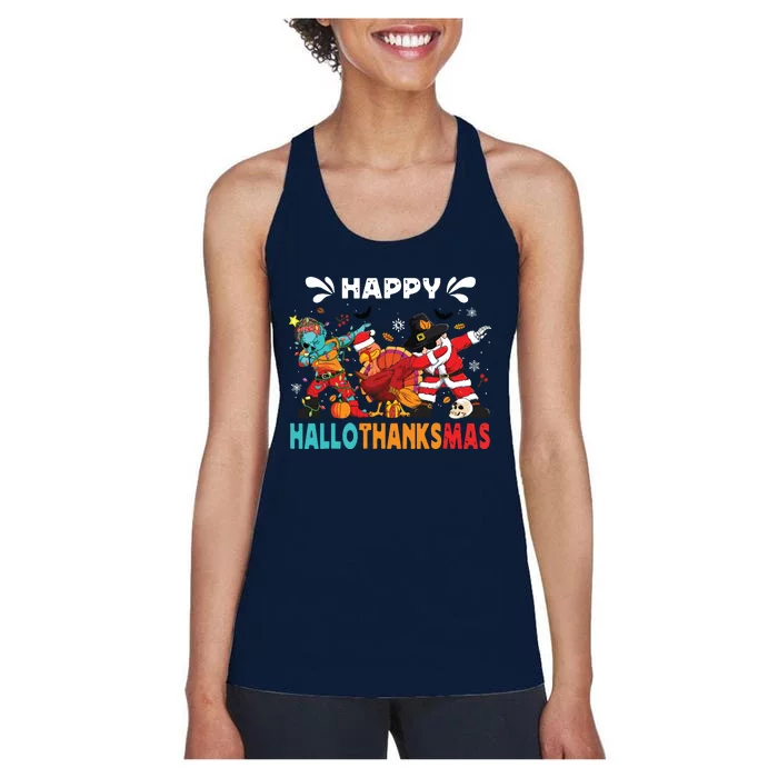 Happy Hallothanksmas Halloween Thanksgiving Christmas Women's Racerback Tank