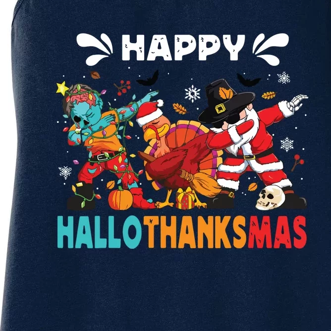 Happy Hallothanksmas Halloween Thanksgiving Christmas Women's Racerback Tank