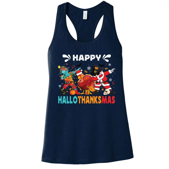 Happy Hallothanksmas Halloween Thanksgiving Christmas Women's Racerback Tank