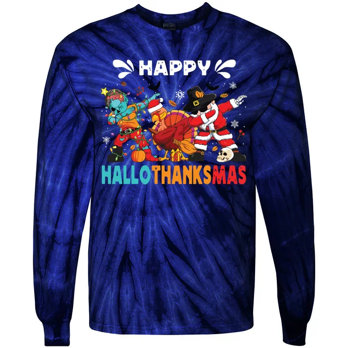 Happy Hallothanksmas Halloween Thanksgiving Christmas Tie-Dye Long Sleeve Shirt